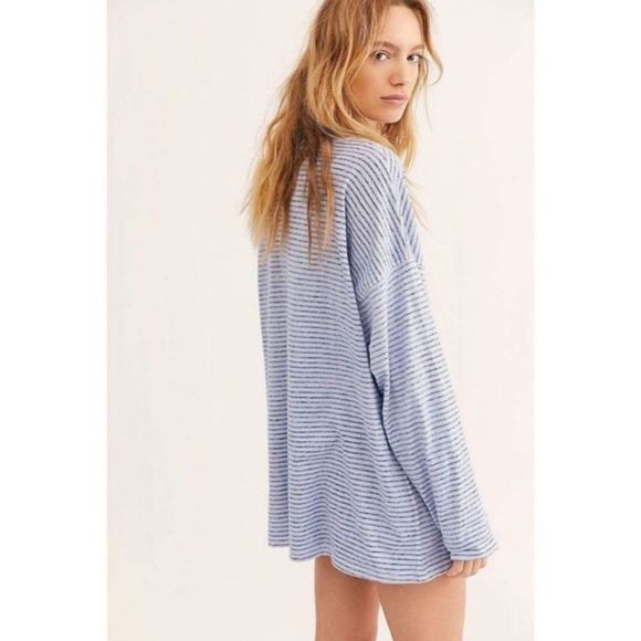 Free People Be Free Blue Striped Long Sleeve Tunic In Chamray Combo size M - Picture 2 of 11